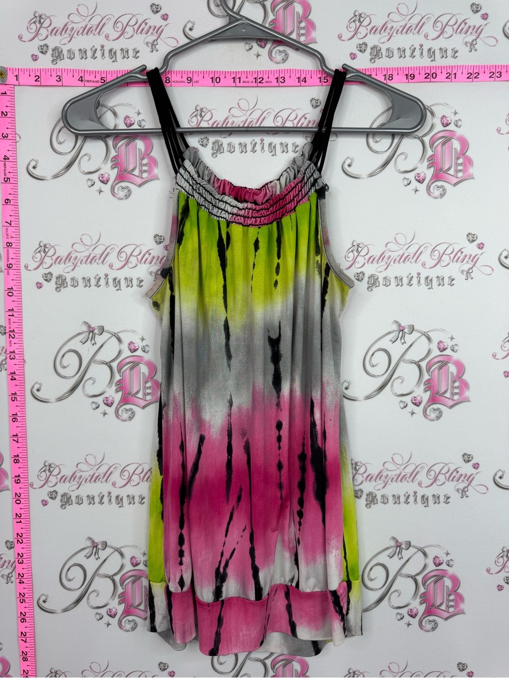 Suzy Shier Lime Green Pink Black Tie-Dye Sleeveless Tunic